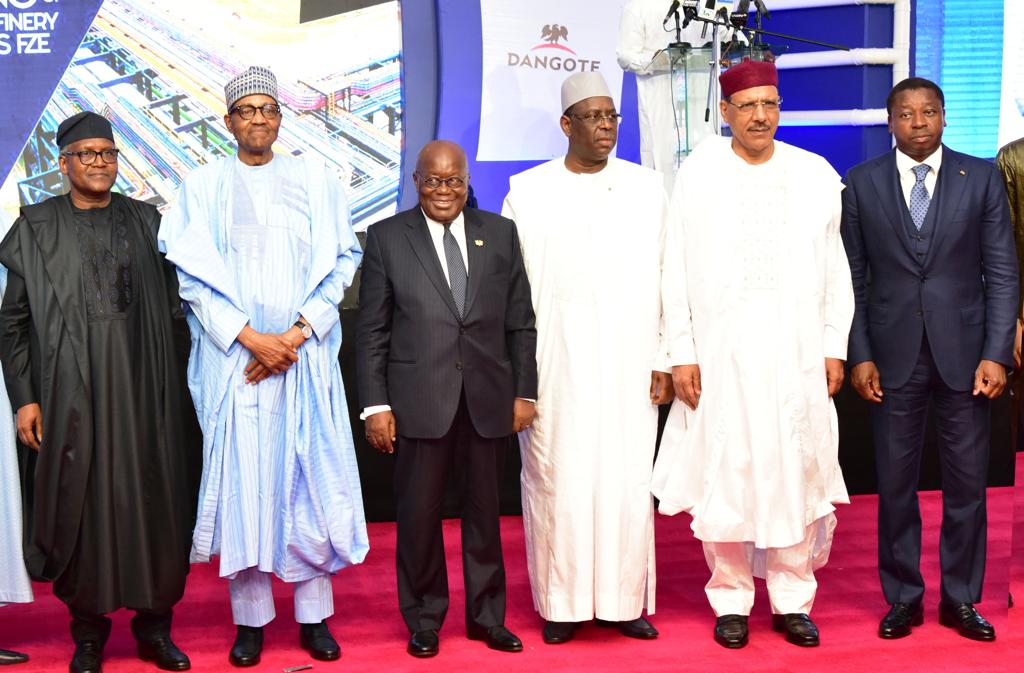L-R: President/Chief Executive, Dangote Industries Limited, Aliko Dangote; President of Federal Republic of Nigeria, Muhammadu Buhari; President of Ghana, Nana Akufo-Addo; President of Senegal, Macky Sall; President of Niger, Mohamed Bazoum; President of Togo, Faure Gnassingbe, at the commissioning of Dangote Petroleum Refinery and Petrochemicals FZE, (650,000 barrels per day Petroleum Refining and 900,000 tonnes per annum Polypropylene Production) in Lagos on Monday, May 22, 2023.