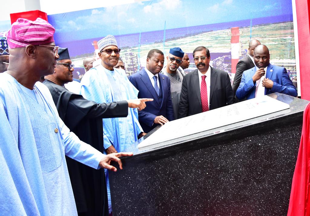 L-R: Lagos State Governor, Babajide Sanwo-Olu; President/Chief Executive, Dangote Industries Limited, Aliko Dangote; President of Federal Republic of Nigeria, Muhammadu Buhari, and Group Executive Director, Strategy, Capital Projects & Portfolio Development, Dangote Industries Limited, Devakumar Edwin, at the commissioning of Dangote Petroleum Refinery and Petrochemicals FZE, (650,000 barrels per day Petroleum Refining and 900,000 tonnes per annum Polypropylene Production) in Lagos on Monday, May 22, 2023.
 